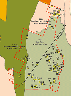 Teaneck Creek Conservancy site map showing 1999 soil test pit soil categorizations. (Note cross section I-I'.)